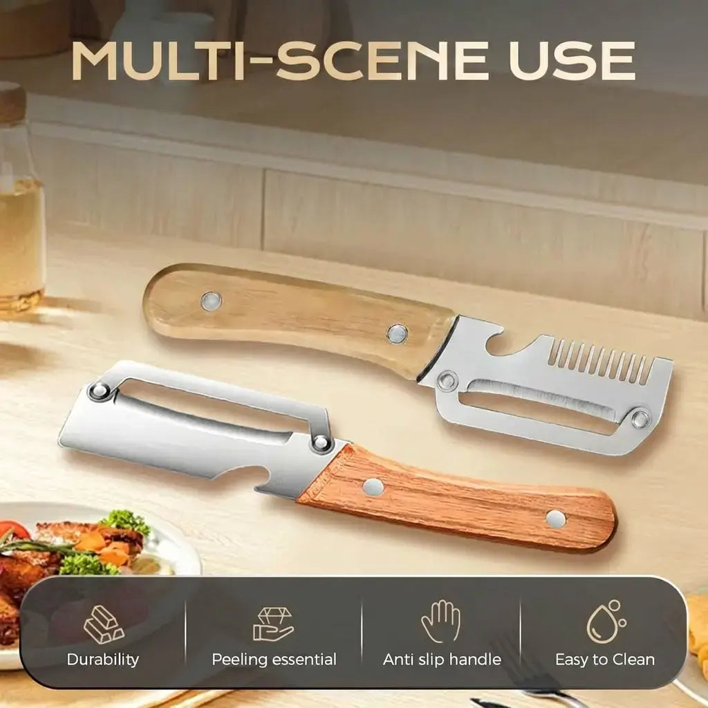 【Summervibes】Multi-Functional Vegetable Peeler for Kitchen, Ultra-Sharp Stainless Steel Blade with Wooden Handle and Bottle Opener, for Vegetables or Fruits That Need to Be Peeled (2 Pcs)