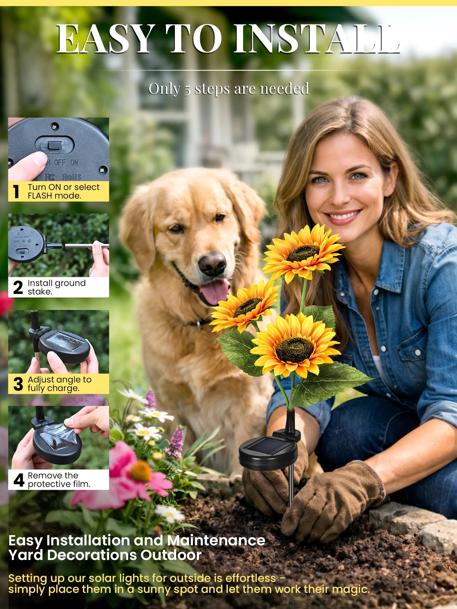 【Mother'S Day Gift】Gigalumi Solar Garden Lights Artificial Sunflowers, LED Garden Decor Carefree Sunflower Solar Lights Outdoor Yard Decorations Outdoor, Everlasting Sunflower Decor Gift for Yard Patio