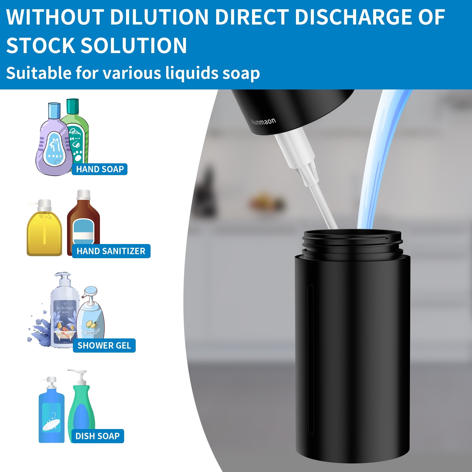 Automatic Soap Dispenser Touchless,Upgrade 15 Adjustable Volume for Thick and Thin Liquid Battery Hand Soap Dispenser,Dish Soap Dispenser Kitchen Bathroom,Auto Soap Dispenser Hands Free Black