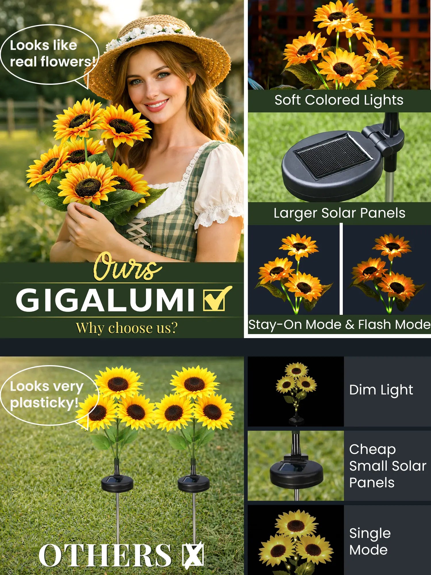 【Mother'S Day Gift】Gigalumi Solar Garden Lights Artificial Sunflowers, LED Garden Decor Carefree Sunflower Solar Lights Outdoor Yard Decorations Outdoor, Everlasting Sunflower Decor Gift for Yard Patio