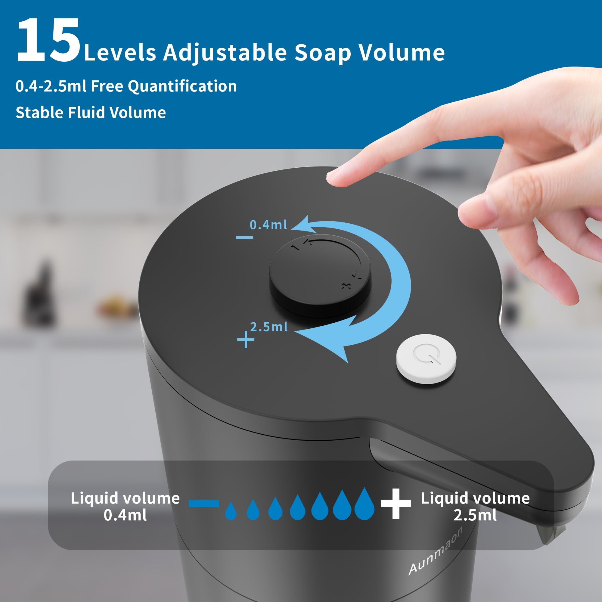 Automatic Soap Dispenser Touchless,Upgrade 15 Adjustable Volume for Thick and Thin Liquid Battery Hand Soap Dispenser,Dish Soap Dispenser Kitchen Bathroom,Auto Soap Dispenser Hands Free Black