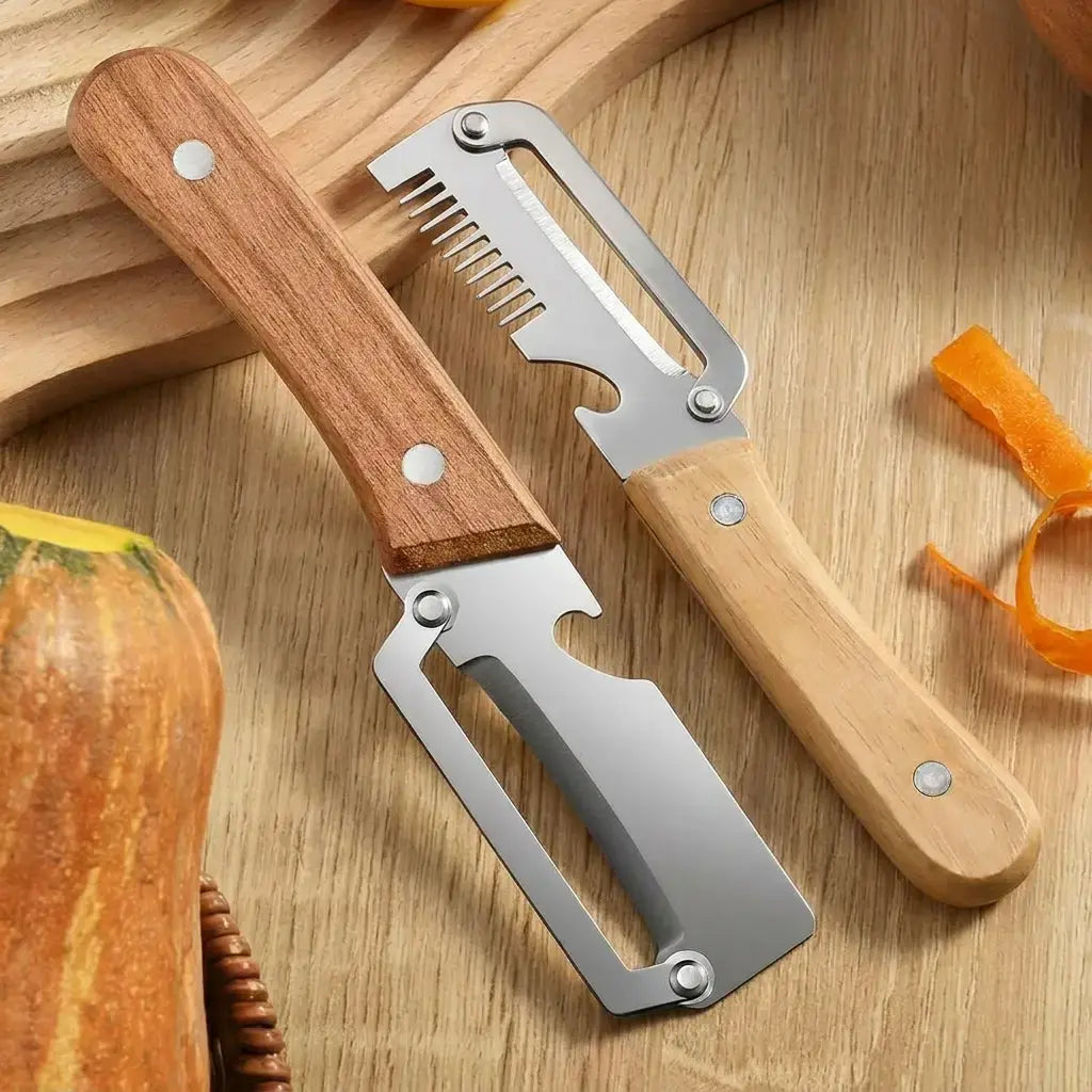 【Summervibes】Multi-Functional Vegetable Peeler for Kitchen, Ultra-Sharp Stainless Steel Blade with Wooden Handle and Bottle Opener, for Vegetables or Fruits That Need to Be Peeled (2 Pcs)