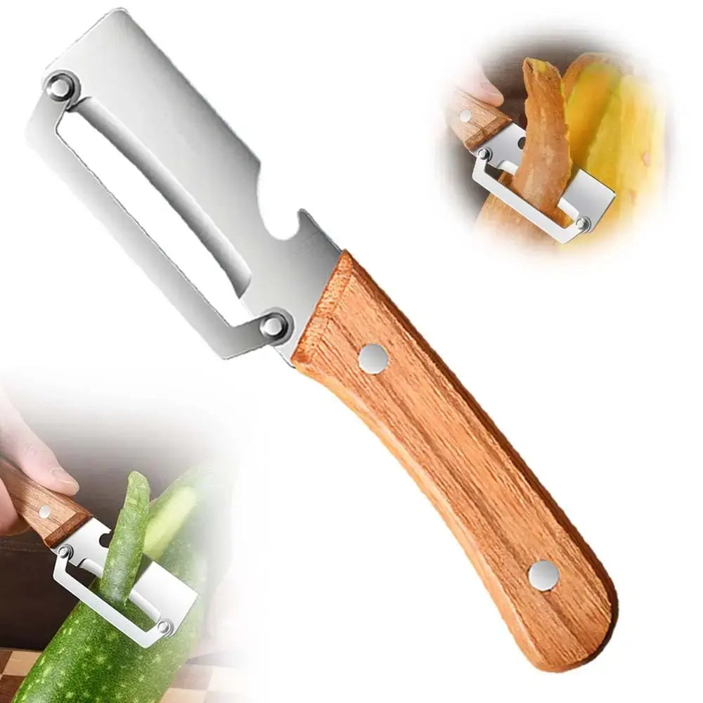 【Summervibes】Multi-Functional Vegetable Peeler for Kitchen, Ultra-Sharp Stainless Steel Blade with Wooden Handle and Bottle Opener, for Vegetables or Fruits That Need to Be Peeled (2 Pcs)