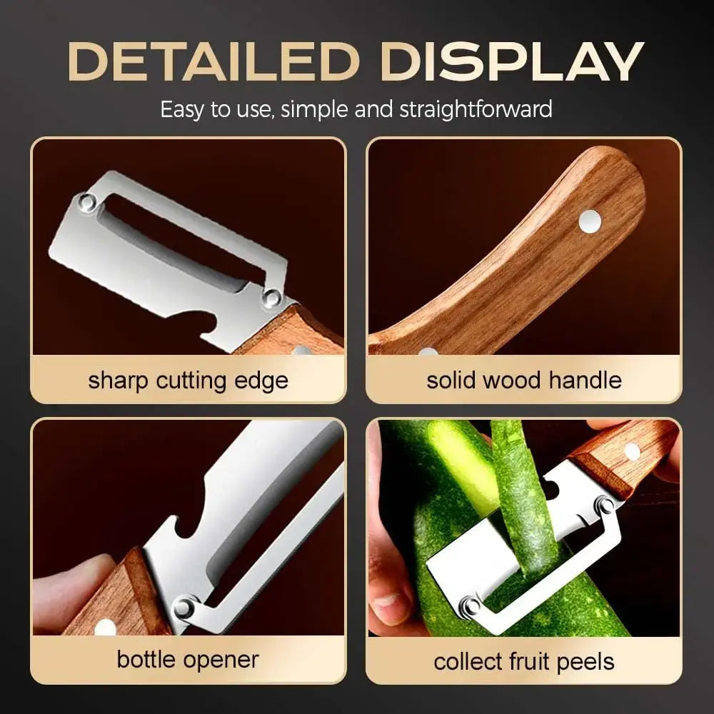 【Summervibes】Multi-Functional Vegetable Peeler for Kitchen, Ultra-Sharp Stainless Steel Blade with Wooden Handle and Bottle Opener, for Vegetables or Fruits That Need to Be Peeled (2 Pcs)