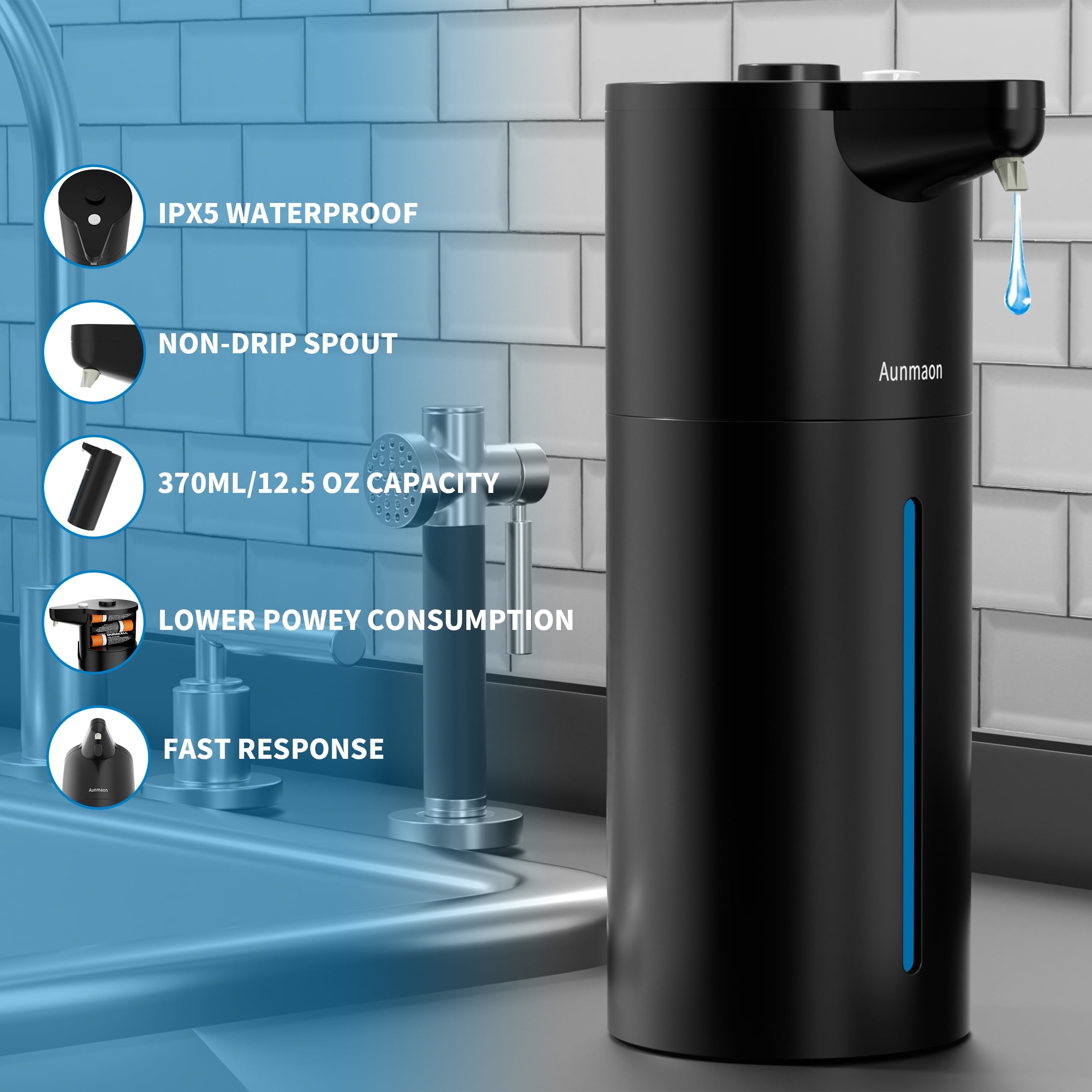 Automatic Soap Dispenser Touchless,Upgrade 15 Adjustable Volume for Thick and Thin Liquid Battery Hand Soap Dispenser,Dish Soap Dispenser Kitchen Bathroom,Auto Soap Dispenser Hands Free Black